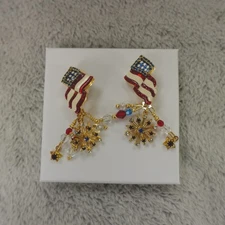 Lunch at the Ritz Earrings American Flag Signed Clip On Menu Card LATR2GO
