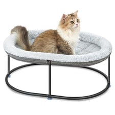 Oval Grey Elevated Cat Hammock Bed Fluffy Warm Cuddle Bed Detachable Pad