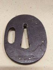 Japanese Tanto Tsuba Iron with Gold Inlay Mountain Design Nihonto Antique