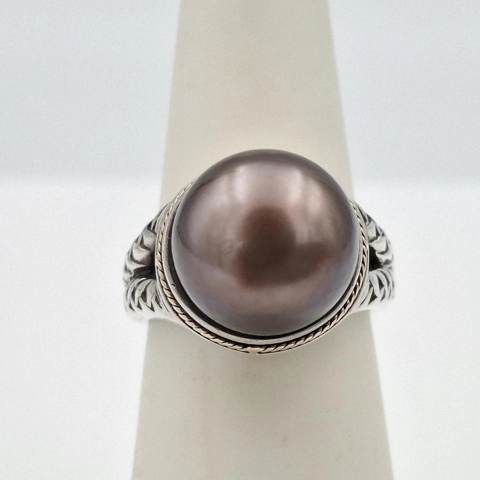 Anillo de cóctel EFFY de plata de ley 925 y oro de 18 quilates marrón/púrpura negro perla talla 5 Foto 3 de 4