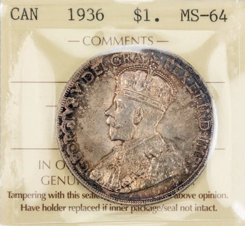 Canada 1936 $1 Silver Dollar Coin - ICCS MS-64