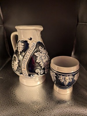 VTG German Pitcher/Jug Trink Edlen Wein Aus Kuhlem Stein 6''T /1 Cup 3'' T