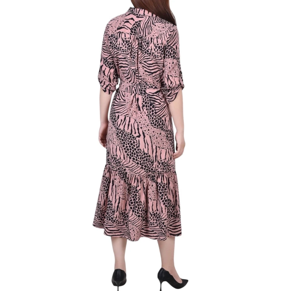 NY Collection Dress Size XL Animal Print Pink Midi Belted Tiered Button Front - Image 4 of 4