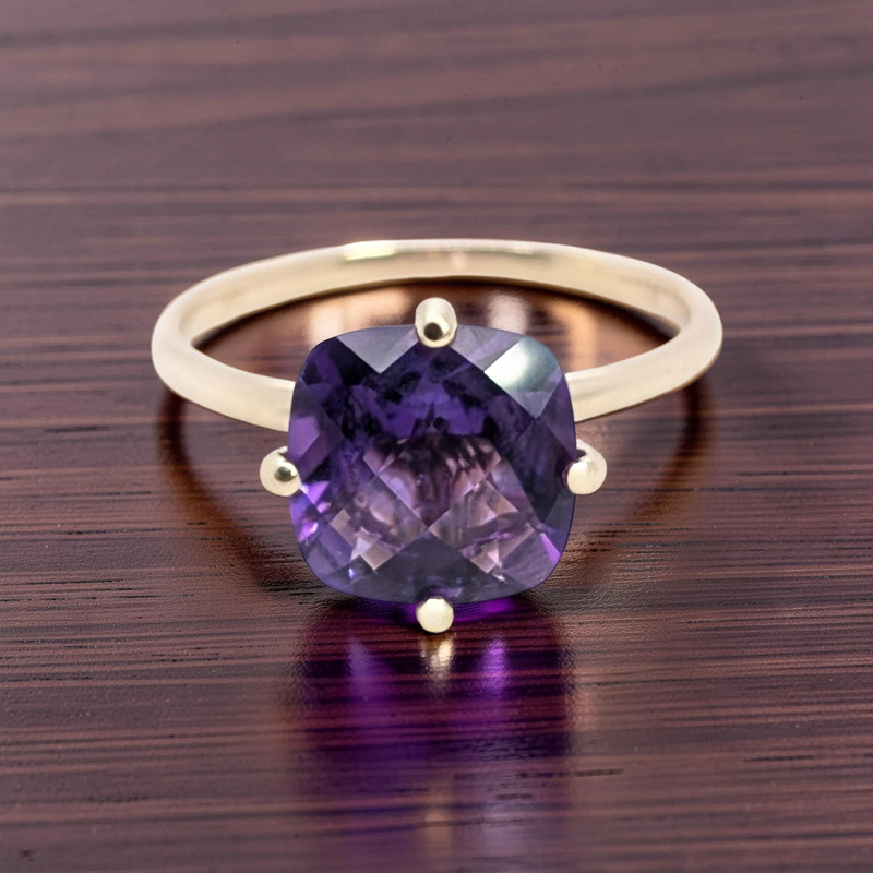 ESTATE SOLID 585 14K YELLOW GOLD CUSHION CUT AMETHYST RING SIZE 9 #7895