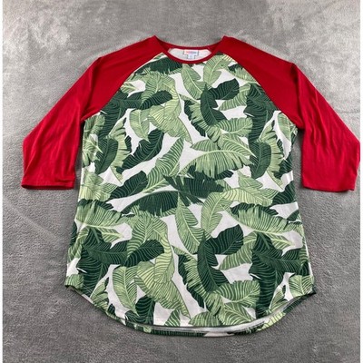 LuLaRoe Randy Baseball Tee 2XL Tropical Green Banana Leaf Red Raglan 3/4 Sleeve