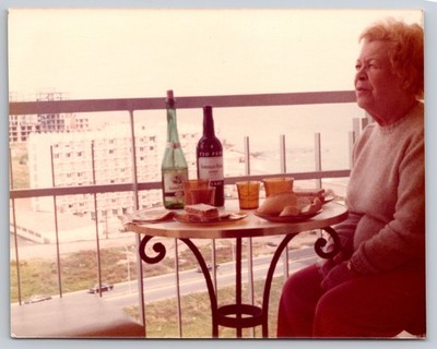 Vintage Color Photo Woman Enjoying Wine on Balcony Overlooking City Spain 1970s