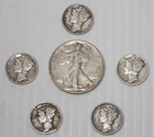 Vtg Lot 5 Mercury Silver Dimes & a 1946 Walking Liberty Half Dollar 90% Silver