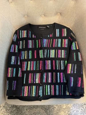 Michael Simon Black Cardigan Sweater with Bright Multicolor Medium