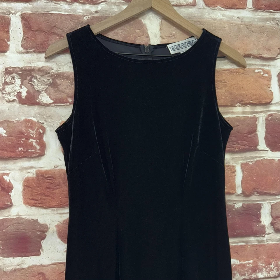 Vintage Jessica Howard Dress Womens 6 Black Velvet Velour Floral Sheer Hemline - Image 3 of 4