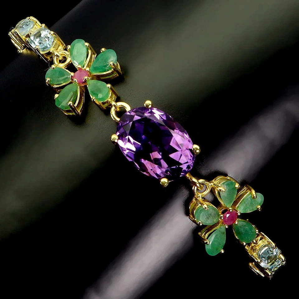 925 Sterling Silver Bracelet Oval Amethyst 14x10mm Emerald Topaz Gemstone 7in - Image 2 of 4