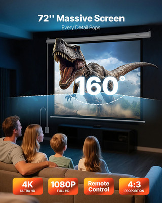 Motorized Projector Screen, 72 inch 4:3 1080 HD Electric Projection Screen, Wal