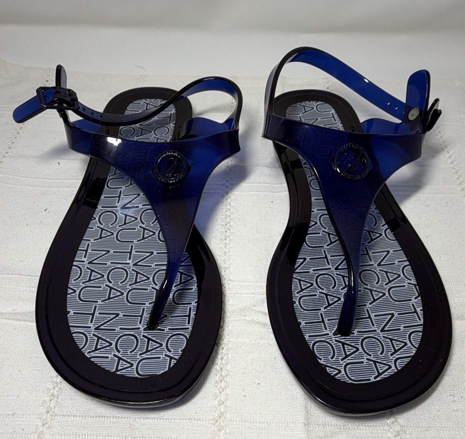 Nautica Women's Blue/Black Logo Thong Sandals Ankle Strap Buckle US 6