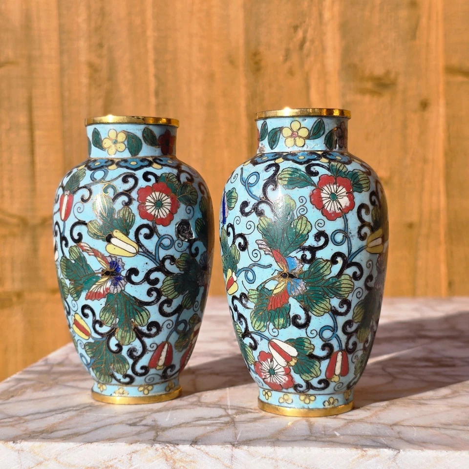Chinese Antique Cloisonne vases Pair Butterflies gilt mounts c19th century Qing - Image 3 of 4