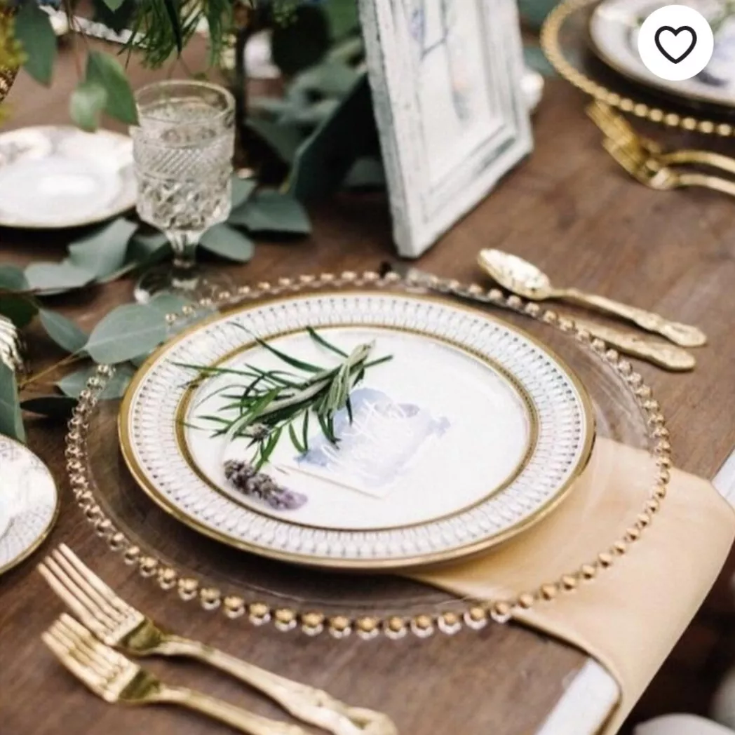 Decorative Gold Rim Charger Plate Large Pearl Beads Clear Glass