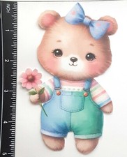 3D Girl Bear Overalls Striped Shirt Holding Flower Embellishment 4094