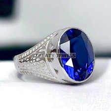 Blue Sapphire Oval Cut Gemstone With 14K Solid White Gold Ring For Men's 364