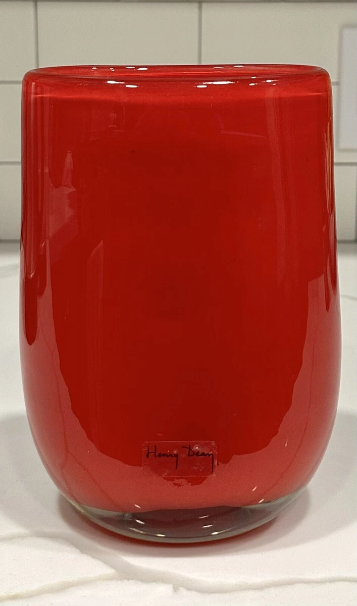 Signed Henry Dean Red Orange Heavy Glass 7 1/2” Vase Sleek Minimal