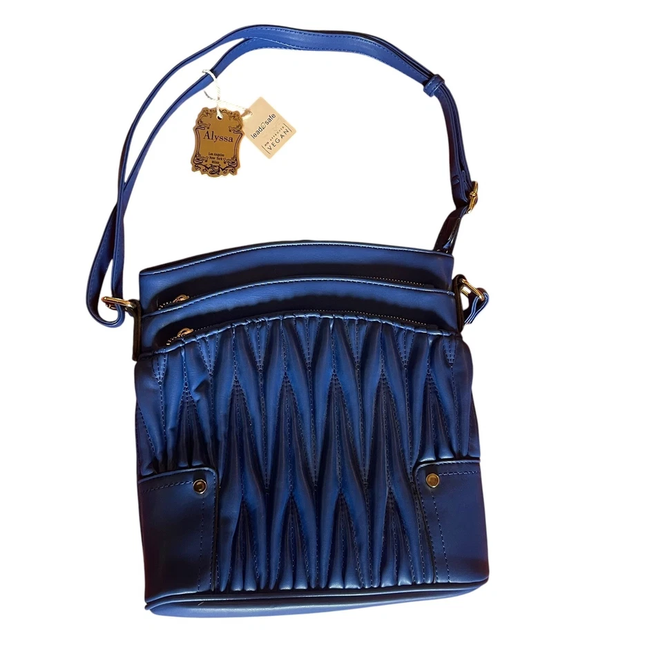 Bolso Bandolera Alyssa Acolchado Acento Bolsillos con Cremallera Cuero Vegano Azul Cobalto Cartera Foto 4 de 4