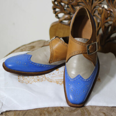 Goodyear Welted Stylish Three Tone Leather Shoe for Men's Single Monk Strap