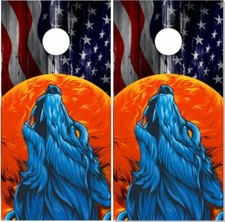 Wolf American Flag Howl LAMINATED Cornhole Wraps Bag Toss Skin Decal