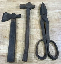 Antique Primitive Farmers Tools Hammer Axe Scissors Wood Handle Cast Iron
