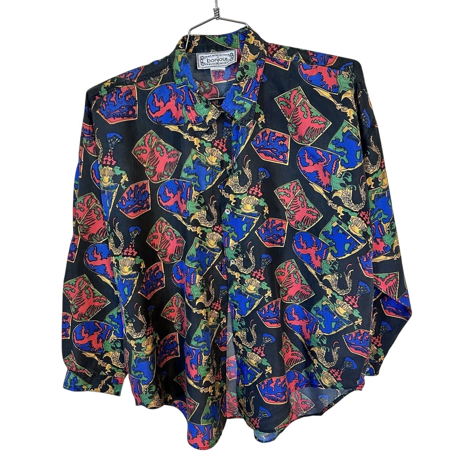 Bonjour Womens Long Sleeve Silk Button Up Shirt with Knight Griffin Shield Design in Size Medium