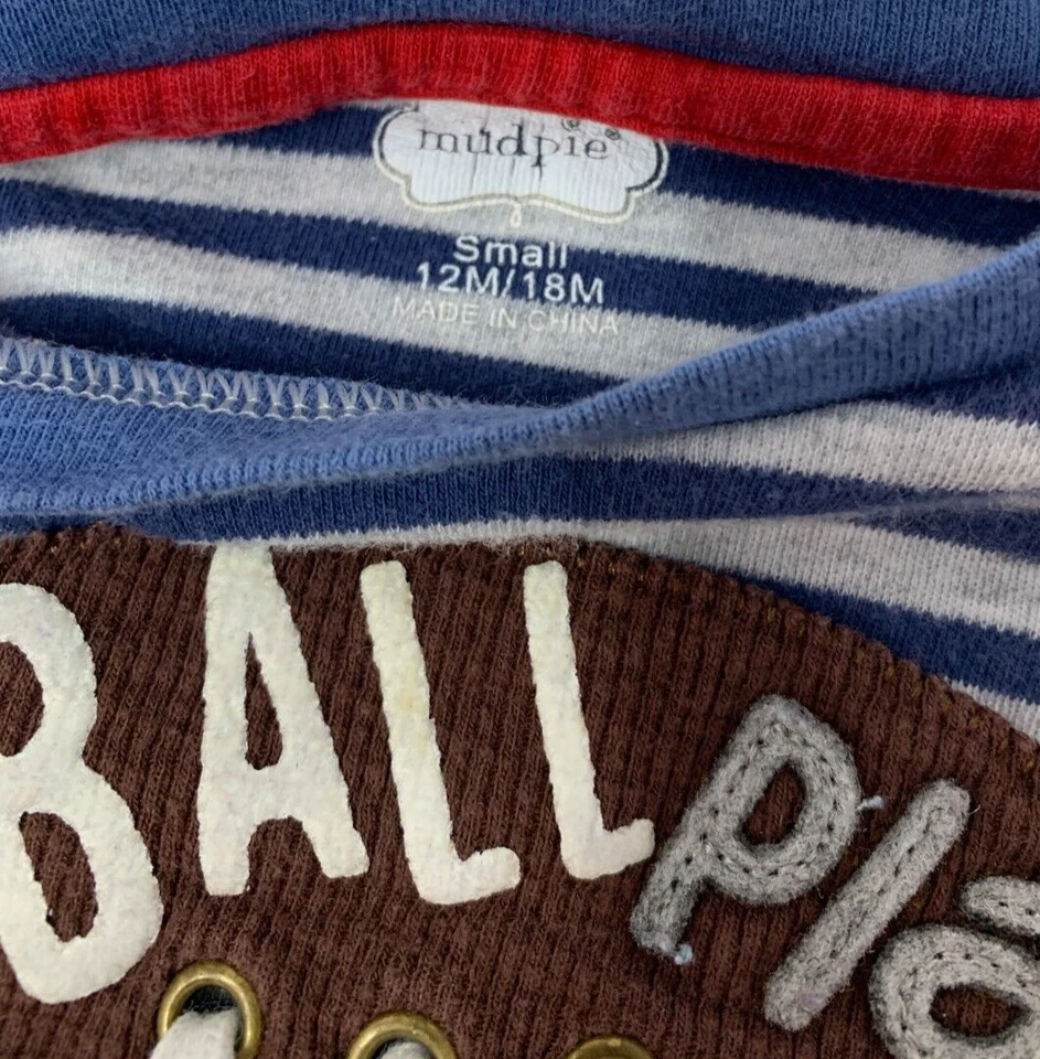 Camisa Mud Pie Bebé Niños 12-18 Meses Azul Rayas Acción de Gracias Fútbol Aplique Foto 3 de 4