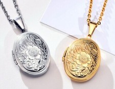 EDELSTAHL *** Oval Blume Foto Medaillon Anhänger, mit 50 cm Kette