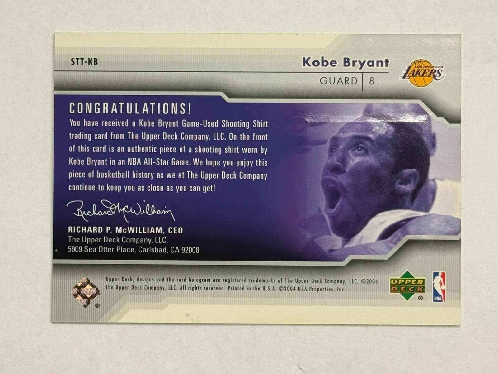 2004 UD Diamond Collection Kobe Bryant Game Used Jersey Card STT-KB All Star view 2