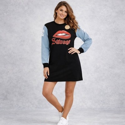 Savage Graphic T-Shirt Dress Black w/ Blue Denim Look Sleeves Women s Size M NWT