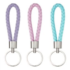 3 pcs Braided Leather Key Fob Car Keychain Ring Woven Strap Accessories