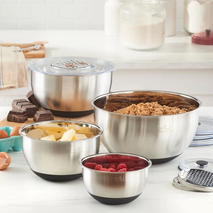 MIU Stainless Steel Mixing Bowls and Lids, 8 Piece Set with 3 Grater Attachments
