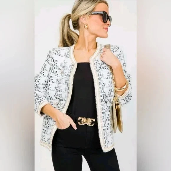 NORTHERN ANGEL COATIGAN MAGLIA APERTA DAVANTI STILE CHANEL BIANCO NERO NUOVO TG L