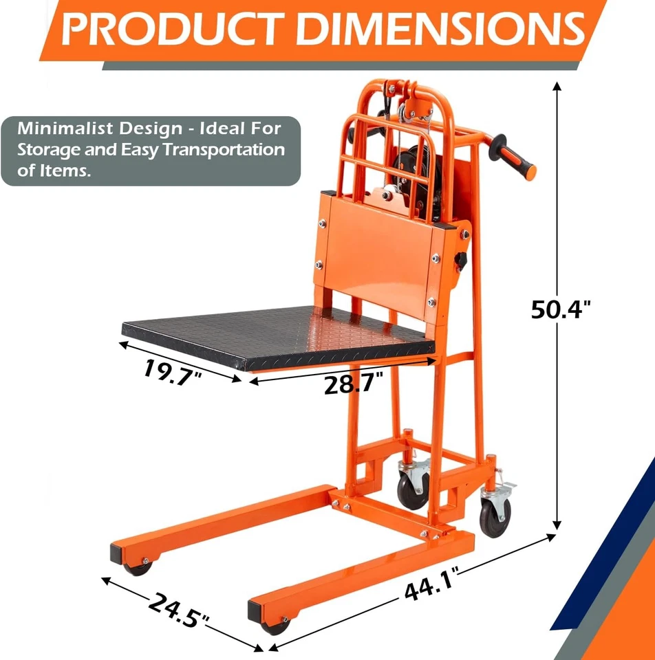 Material Lift Winch Stacker with Casters, 500 Lbs Capacity, Pallet Truck Dolly - Image 3 of 4