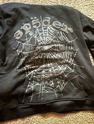 sp5der Men's Black Cotton Fleece Pullover Hoodie Spider Web Graphic Size S