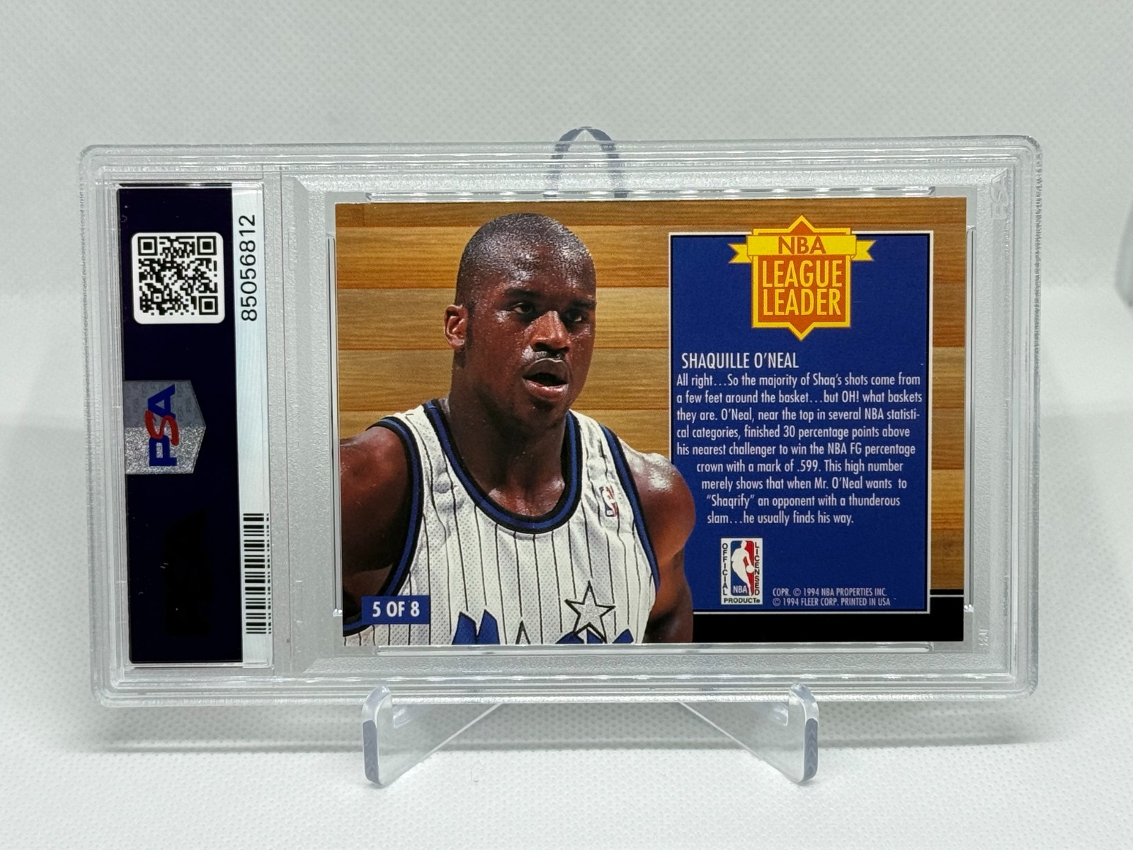 1994 FLEER NBA LEAGUE LEADERS SHAQUILLE O'NEAL #5 PSA 9 view 3