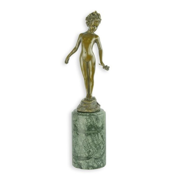 Bronze Girl Holding Rose Sculpture Romantic Figurative Art Statue Decor Home J.B