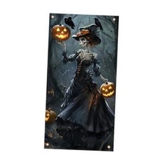 Halloween Door Cover Skeleton Witch 35 x 71 Inch Gothic Pumpkin Lady