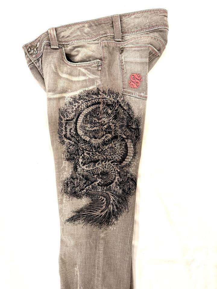Jean Vintage Ed Hardy Brodé Dragon Y2k Années 2000 – Taille L, Coupe Slim, Délavé Clair
