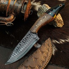 8.6" Camping Bushcraft Damascus Knife Handmade Full Tang Wood Handle +Sheath