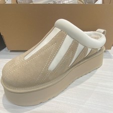 UGG Tazz Sunwave Platform Slippers Beige Suede Wool Lined Slip-On Women