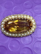  Antique Artist Marked 14k Yellow Gold Citrine & Pearl Brooch (2370)