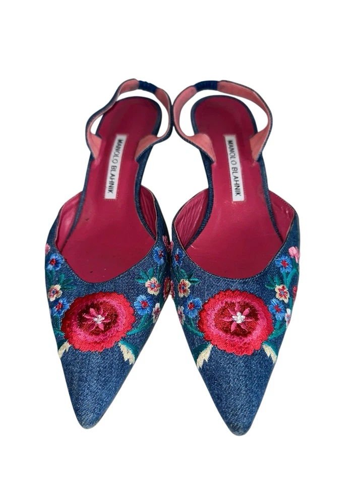 Manolo Blahnik Mujer Carolyne 50 Denim Fauna Floral Tacones Talla 39.5 o 9.5 Foto 2 de 4
