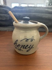 Vintage ROWE POTTERY HONEY JAR 1995 Salt Glaze Stoneware Blue Decoration 4.75" T