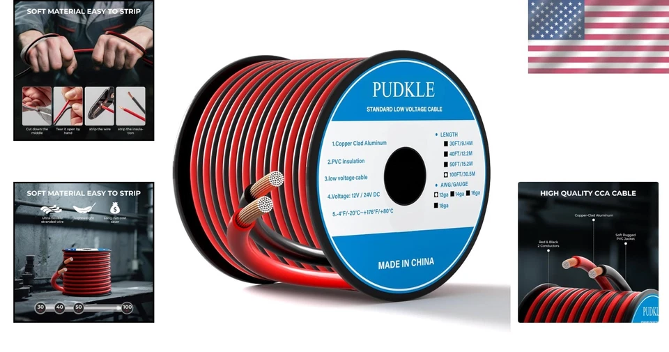 Electrical Wire Copper Clad Aluminum 100FT 12 Gauge Flexible PVC Low Voltage - Image 2 of 4