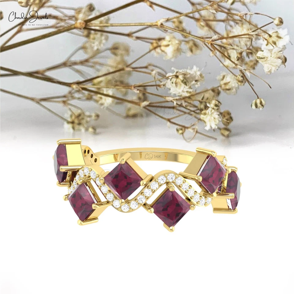 Cluster Zigzag Diamonds Wedding Band 4mm Rhodolite Garnet In 14k Solid Gold Ring - Image 4 of 4