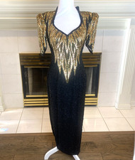 Vtg 80s 90s Alyce Designs Blk Gold Silk Bead Sequin Prom Gown Dress Formal sz 4