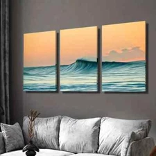3pcs Ocean Waves and Orange Sky Landscape Wall Art Canvas Framed 50x70cm