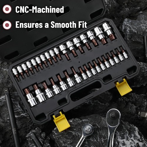34 Pcs Torx Bit Socket, T6-T70, 1/4", 1/2" & 3/8" Drive, Solid Tamper Proof Star - Picture 7 of 8