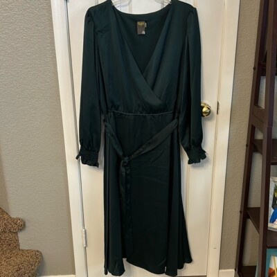 Taylor Womens 14 Emerald Green Satin Fit to Flare Midi Long Sleeve NWOT  Dress | eBay
